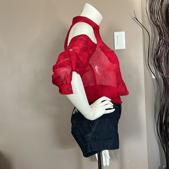 Red V neck, shoulder less button down blouse paired with Denim shorts - Picture 2 of 2